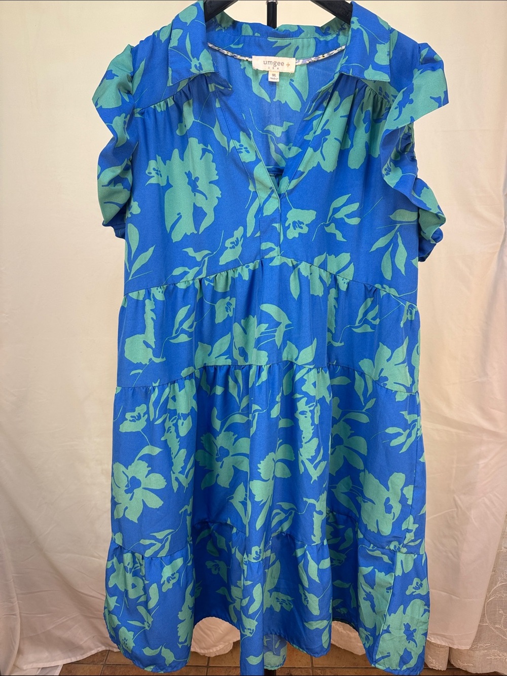 Umgee Blue & Aqua Floral Tiered Ruffle Dress